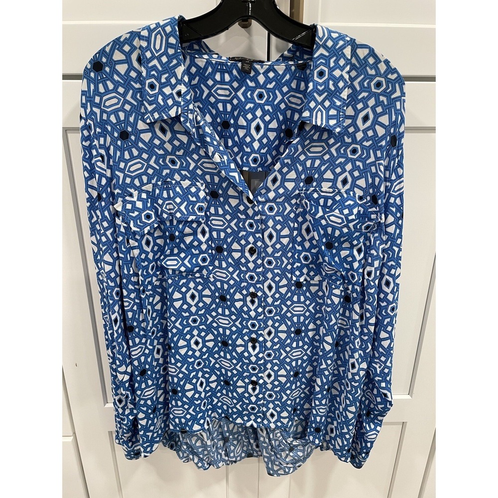 Jessica‎ Simpson Womens Blouse Crop Button Cut out Back Blue Geo 2X SI29